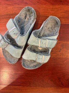 Birkenstock Light Blue Suede Shearling-Trim Arizona Sandals